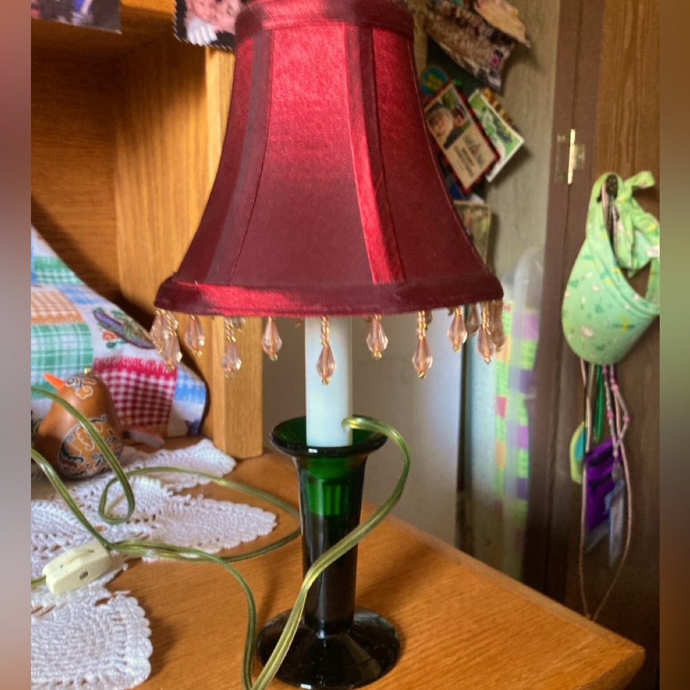 Lamp, red Shade w/jewels hanging, green glass Base, cord includes on/off switch